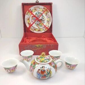 Vintage Mini Japanese Hand painted China Tea Set with red Box set of 7